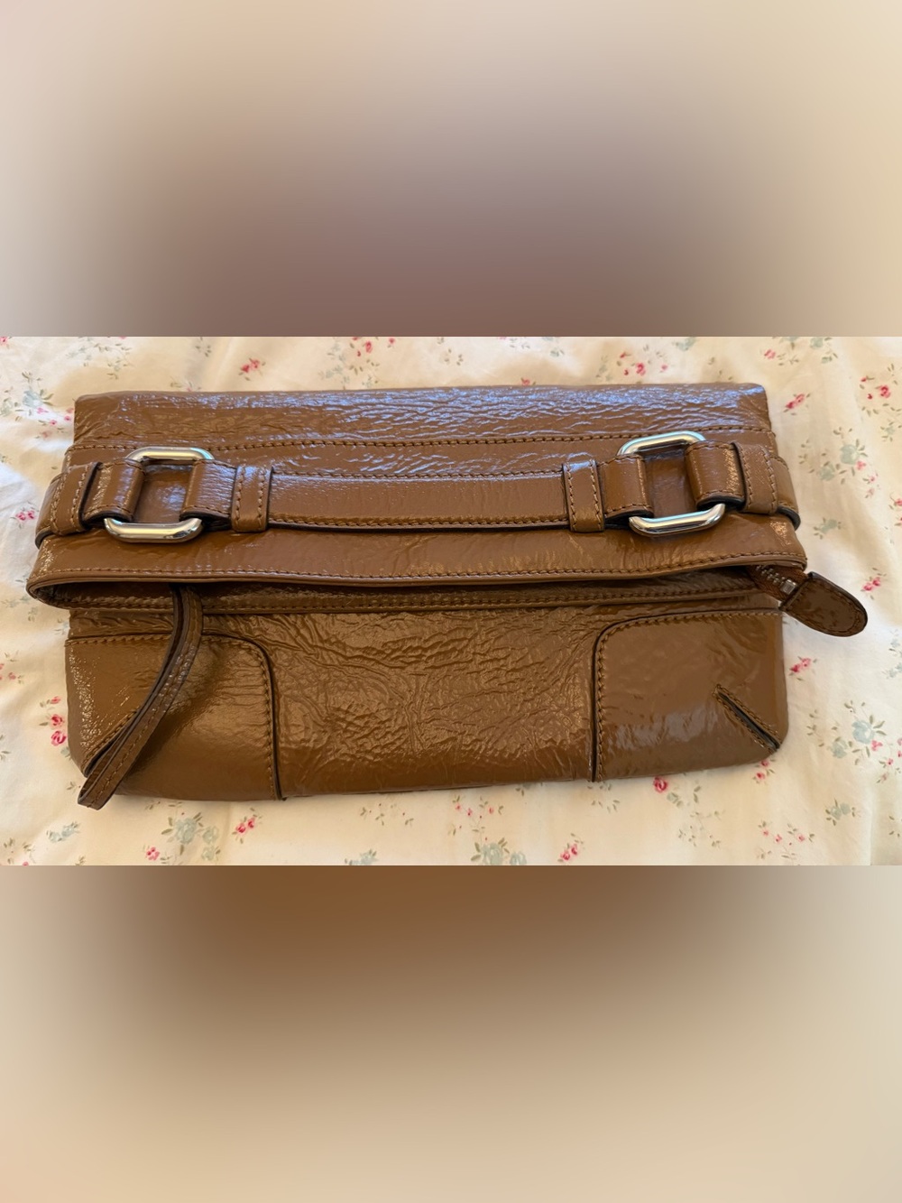 Club Monaco Y2K Cognac Brown Patent Leather Fold-Over Clutch Bag